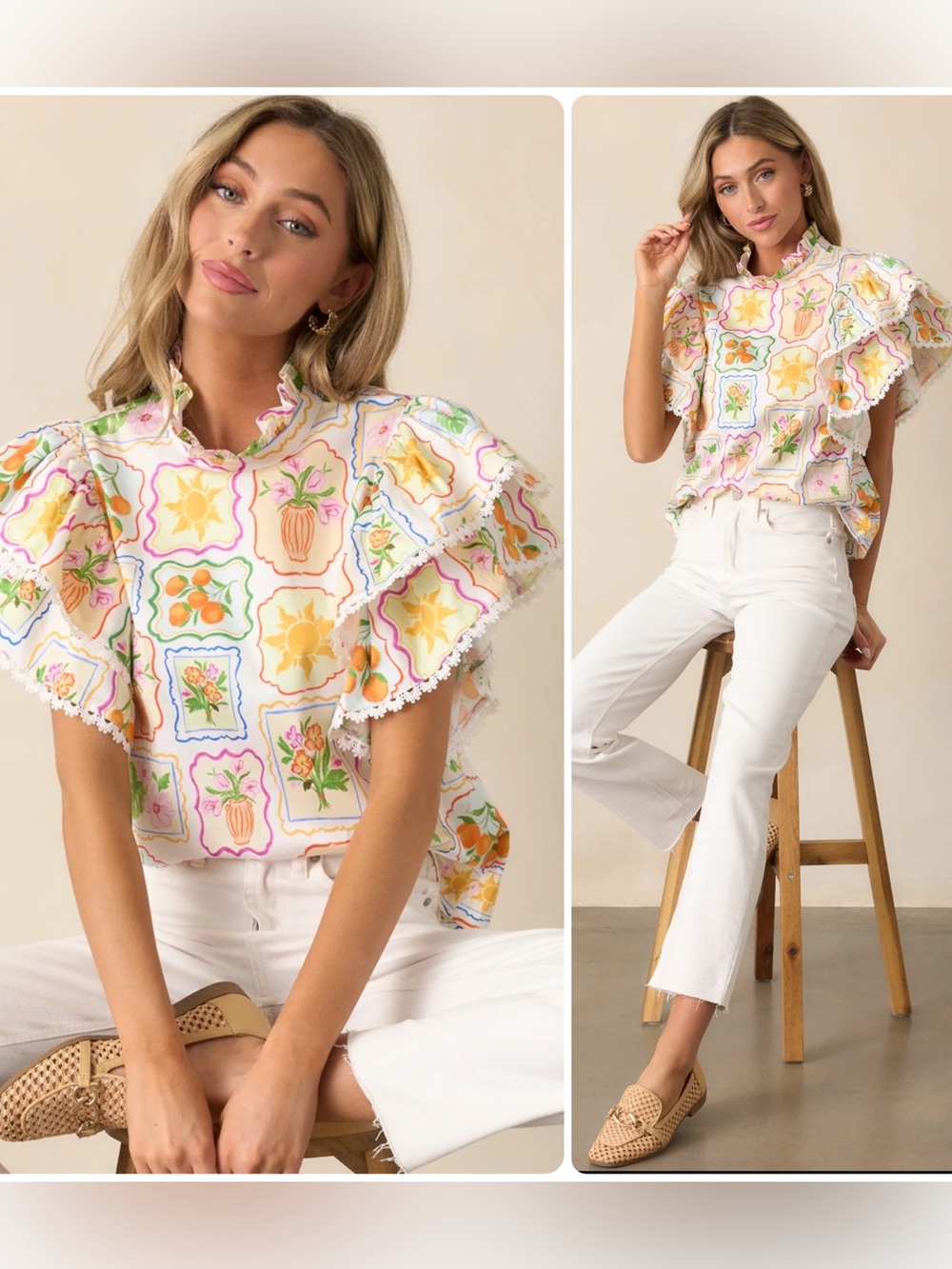 Prosperina Blair Cotton Floral Tile Print Ruffle Sleeve Blouse Top NWT $139